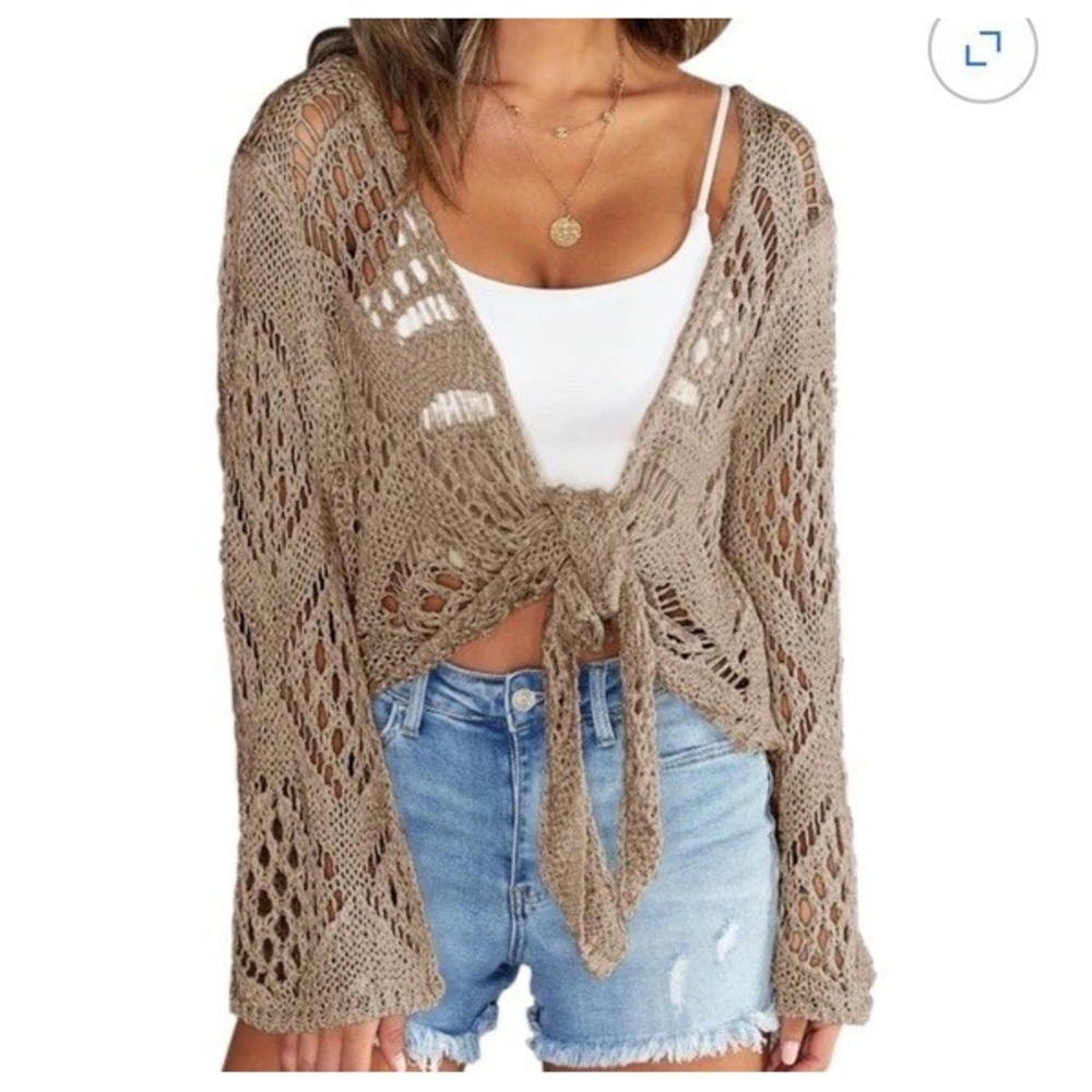 Sheer Crochet Lightweight Bolero Shrug Cardigan Tie Front Sz L Crop Cover Up